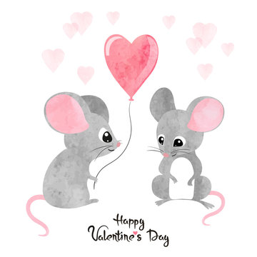 Watercolor cute mice in love. Valentine's day card design.