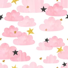 Badkamer foto achterwand Wolken Naadloze vector roze aquarel wolken en sterren patroon.