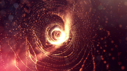 Particles form line and surface grid. 3d rendering. Science fiction golden background of glowing particles with depth of field and bokeh. Motion graphics microwold. circular structure 9