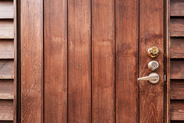 Old brown wooden door with knob and empty space for background. Abstract retro and vintage background.