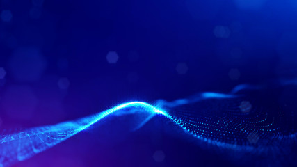 Particles form line and surface grid. 3d rendering. Science fiction background of glowing particles with depth of field and bokeh. Motion graphics microwold. Blue 43
