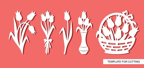 Fototapeta na wymiar Set of tulip silhouettes. A bouquet of flowers in a vase and a basket with buds. Template for laser cut, wood carving, paper cutting and printing. Vector illustration.