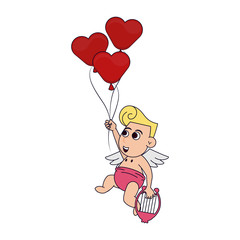 Cupid with hearts balloons and harp