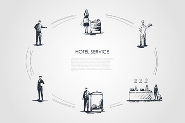 Hotel service -workers at reception, cleaning service, chef, waiter and concierge vector concept set