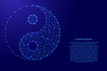 Yin-yang symbol of universality and harmony of dualism of forces from futuristic polygonal blue lines and glowing stars for banner, poster, greeting card. Vector illustration.