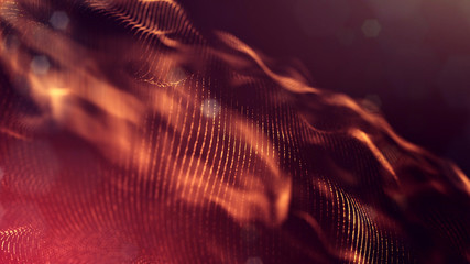 Particles form line and surface grid. 3d rendering. Science fiction golden background of glowing particles with depth of field and bokeh. Motion graphics microwold. 27