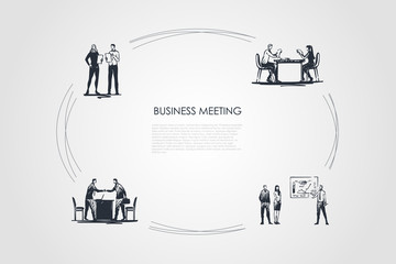 Business meeting - business people making presentations, negociating, making reports, communicating vector concept set