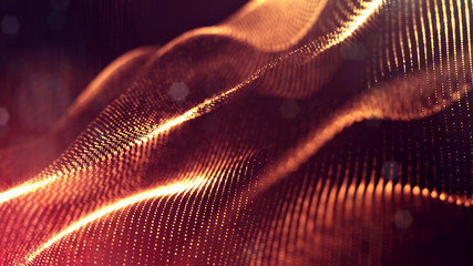 Particles form line and surface grid. 3d rendering. Science fiction golden background of glowing particles with depth of field and bokeh. Motion graphics microwold. 33