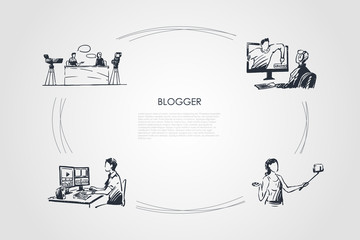 Blogger - people making selfie, editing videos, shooting program and interview vector concept set