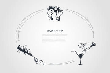 Bartender - hands of bartender shaking cocktail, putting lemon on glass, pouring drink from bottle vector concept set