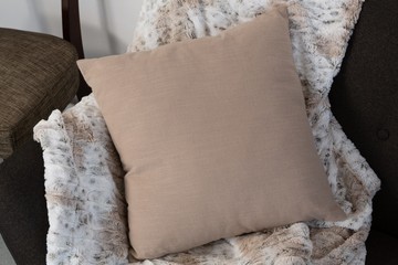 Cushion and blanket arranged on sofa