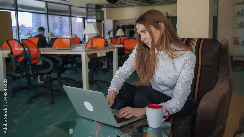 Poster Woman at the big office talking on the smartphone and typing on laptop. She using both modern device at the same time. She giving advice to customers and making notes on computer. Female with long