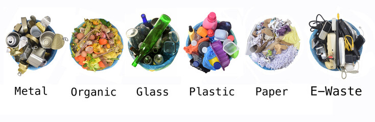 recycle of cans, compost, glass, plastic, paper, e-waste