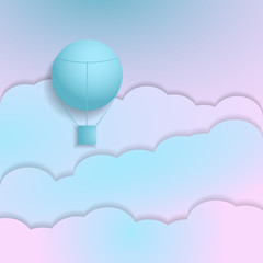 Fototapeta premium Hot air balloon paper art style with pastel sky background vector illustration.