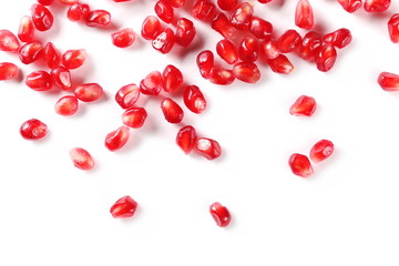 Pomegranate seeds pile isolated on white background, top view