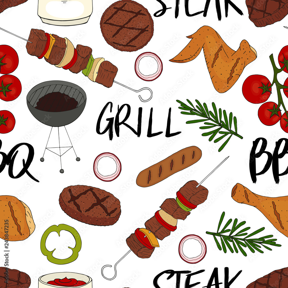 Poster seamless pattern made from bbq elements. barbecue objects. hand drawn endless picture. vector illust