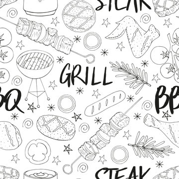 Seamless pattern made from BBQ elements. Barbecue objects. White and black. Hand drawn endless picture. Vector illustration.
