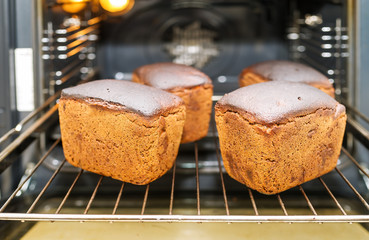 Rye bread baking. Production oven at the bakery.