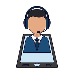 businessman with headset on smartphone