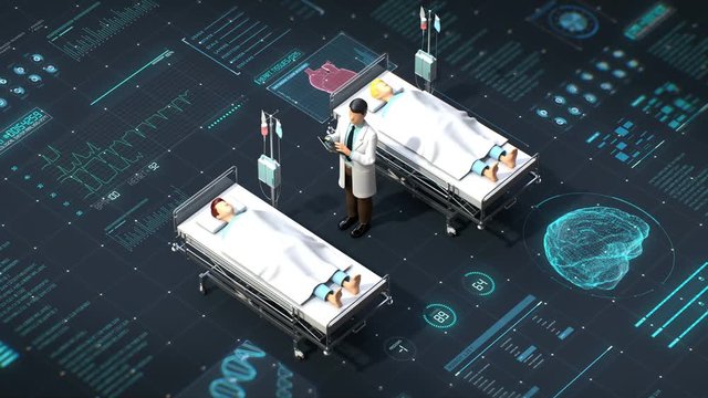 Doctor treating patients in the hospital room with user interface, vector illustration, future medical technology. 4k animation.