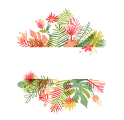Hand drawn tropical flower, botanical framing. illustration isolated on white background. Floral frame, exotic plant leaf framework, lets flamingle