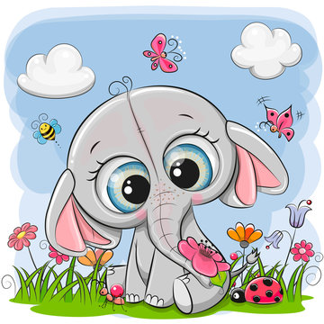 Cute Cartoon Elephant on a meadow