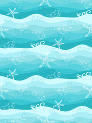Seamless pattern with cute fish and wavy sea background. Fish, starfish swimming in the turquoise color sea.