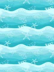 Fotobehang Golven Naadloze patroon met schattige vis en golvende zee achtergrond. Vis, zeester zwemmen in de turquoise kleur zee.