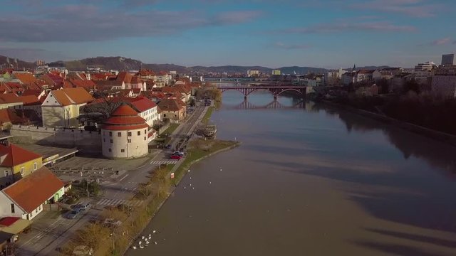 Old city center Maribor in Slovenia. View from the drone on tiled roofs.
