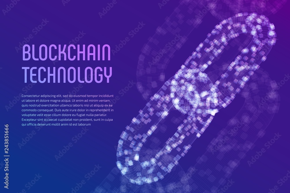 Poster block chain. crypto currency. blockchain concept. 3d wireframe chain with digital blocks. editable c
