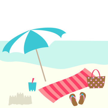 Summer card design with parasol, bag,  towel, bucket, slipper on the beach