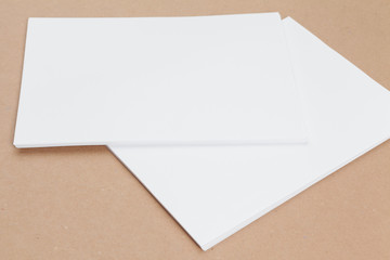 mock up concept. cards Papers on beige background. Top view, flat lay, copy space