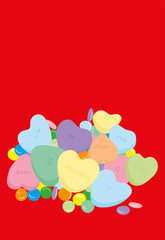 Stack of candy for Valentine's Day. Love text. Be my Valentine. Bright colors red background. Portrait format.