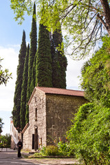 Fototapeta na wymiar church against the backdrop of greenery and high cypress