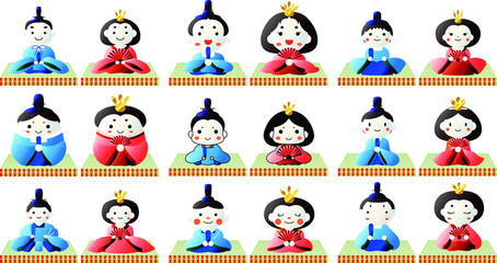 Japanese Gradation cute Hina dolls on tatami sheet set