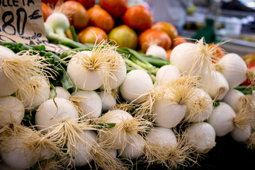 Ramillete de cebollas tiernas en el mercado