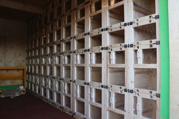  large mobile apiary on several bee families from  inside. device multiple hives.