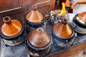 Moroccan Tagine (tajin). Street food in Morocco (Marrakesh). National and traditional cuisine of Morocco and North Africa.