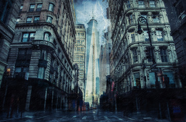 New york street during the heavy storm, rain and lighting in New York, creative picture. - obrazy, fototapety, plakaty