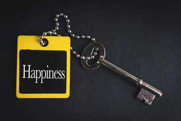 HAPPINESS inscription written on wooden tag and key on black background with selective focus and crop fragment. Business and education concept