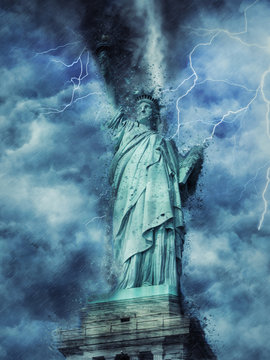 statue of liberty during the heavy storm, rain and lighting in New York, creative picture