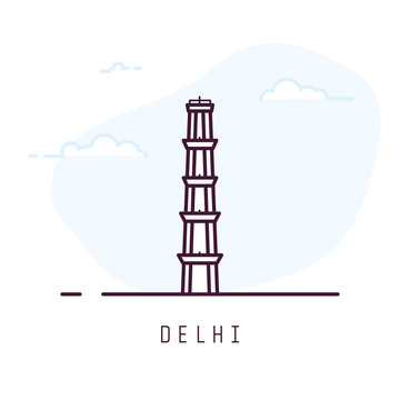 Delhi city line style illustration. Big and famous Qutub Minar tower in Delhi. India architecture city symbol of Delhi. Outline building vector illustration. Travel and tourism banner.