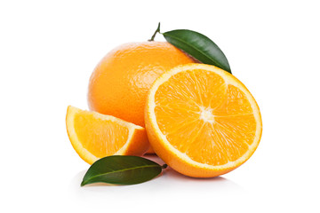 Fresh organic raw oranges with peeled halves