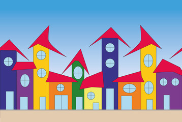 City street seamless background. Hand draw colorful houses. Vector illustration.