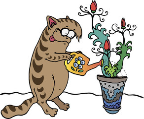 забавный кот огородник поливает цветы в цветочном горшке