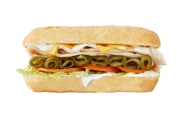 Сhicken sandwich Ciabatta with salad and cheese and pickle isolated on white.