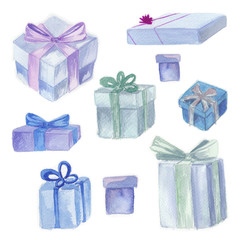 Set of drawn gift boxes. Hand-drawn blue gift boxes, watercolor illustration on a white background for your design.