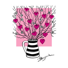 A bouquet of roses and hearts in a striped jug