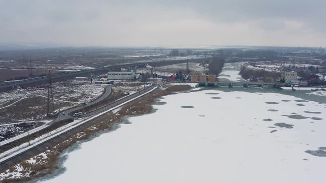 Air view with various birds of the Pitesti lake on the Arges river