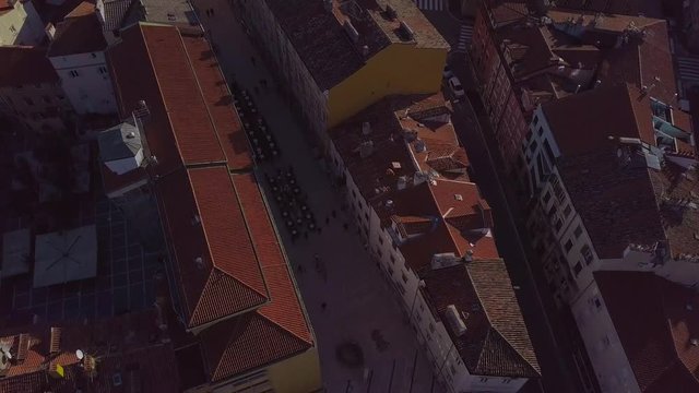View from the drone on the tiled roofs of the old town Rijeka in Croatia.